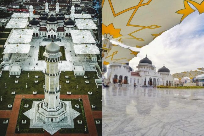 Masjid Raya Baiturrahman via IG @anditya (kiri), @langgaseptiyanto (kanan), 1. Museum Tsunami, 2. Pulau Rubiah, 3. Pantai Iboih, 4. Masjid Raya Baiturrahman, 5. Air Terjun Blang Kolam, 6. Air Terjun Suhom, 7. Danau Laut Tawar, 8. Pantai Lhoknga, 9. Rumah Cut Nyak Dien, 10. Taman Hutan Raya Pocut Meurah Intan, 11. Air Terjun Kuta Malaka, 12. Tugu Nol Kilometer, 13. Pulau Batee, 14. Pulau Keluang, 15. Goa Sarang, 16. Ujong Seukee, 17. Pulo Aceh, 18. Air Terjun Pria Laot, 19. Air Terjun Tansaran Bidin, 20. Air Terjun Tahura Saree, 21. Kuala Paret, 22. Lingkok Kuwieng, 23. Kuala Merisi, 24. Pualu Pusong, 25. Pantai Tebing Lampuuk, 26. Pantan Terong, 27. Benteng Iskandar Muda dan Benteng Indrapatra, 28. Pusat Latihan Gajah Saree, 29. Air Terjun Peukan Biluy , 30. Goa Loyang Koro, 31. Gua putri pukes, 32. Cagar Alam Jantho, 33. Objek Wisata Putroe Aloh – Pucok Krueng , 34. Gunung Seulawah Agam, 35. Gunung Borni Telong, 36. Pulau Seumadu, 37. Kegiatan diving wisata di Pulau Weh, 38. Pantai Ujong Kareung, 39. Bukit Lamreh, 40. Pantai Ulee Lheue