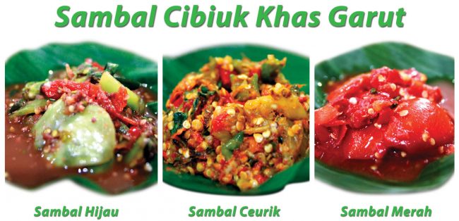 Sambal Cibiuk via Bankjim, 1. Dodol Picnic, 2. Batik Garut, 3. Dodol Warna – warni, 4. Baso Aci (bacil), 5. Nasi Liwet, 6. Surabi, 7. Es Goyobod, 9. Kue Balok Maranti, 10. Burayot, 11. Jeruk Garut, 12. Dodol Garut, 13. Dorokdok atau Kerupuk Kulit, 14. Chocodot, 15. Emplod , 16. Opak, 17. Rangginang, 18. Ladu, 19. Moring Garutan, 20. Comring Banjarwangi, 21. Wajit Cisompet, 22. Tumpeng Cikajang, 23. Keripik Kentang Cikajang, 24. Pindang ikan, 25. Ceprus, 26. Jaket Kulit, 27. Lada Hitam Negeri Mas, 28. Sambal Cibiuk, 29. Soto Ayam Garut