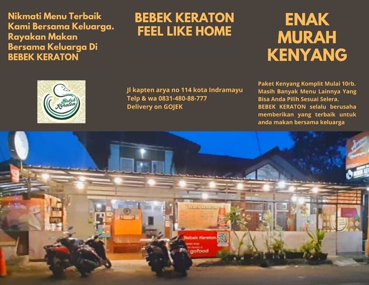 Bebek Keraton via Foodyas, 1. Pesona Laut Pantura, 2. Rumah Mertua Indramayu, 3. RM Taman Selera, 4. Ikan Bakar Resto Mina Ayu, 5. Panorama Restaurant, 6. RM Saung Song, 7. RM HJ Nuryami, 8. Ikan Bakar Perdut, 9. Sambel Layah Indramayu, 10. Bebek Keraton, 11. RM Sekar Wangi, 12. Resto Empal Gentong Bang Mamat, 13. Ayam Penyet Khas Surabaya Indramayu, 14. RM Indorasa, 15. Seafood El Shaddai, 16. Sambel Lada, 17. Mango Junction, 18. Dapur Bunda, 19. EMPAL GENTONG H MANG MUK, 20. RUMAH MAKAN CIMANUK, 21. RUMAH MAKAN IBU SEHA