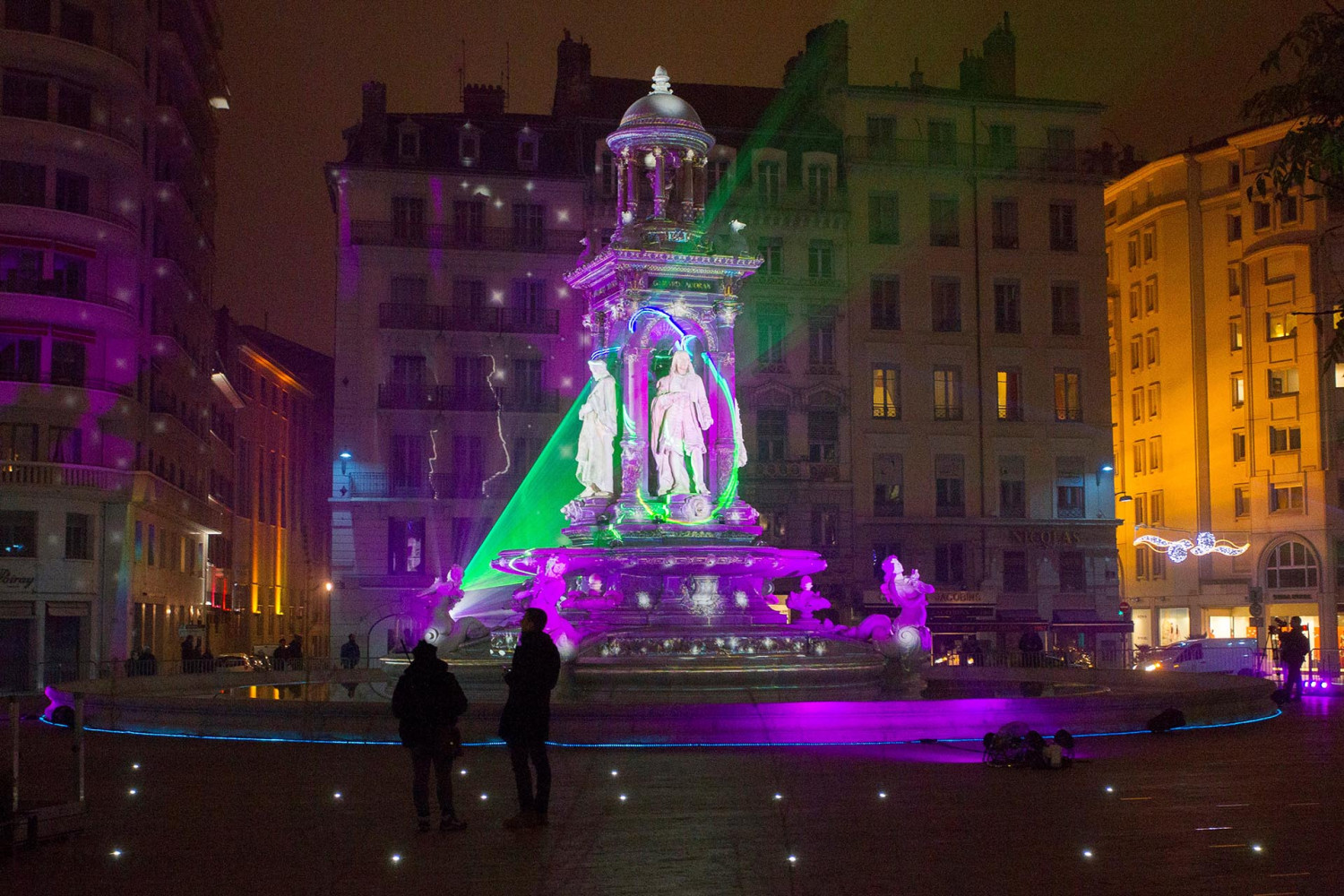 View of Fontaine d'Etoiles installation by artist Patrice Warrener at Place des Jacobins during the rehearsal for the Festival of Lights in Central Lyon, 1. Paris, 2. Marseille, 4. Strasbourg, 5. Mont Saint-Michel, 6. Bordeaux, 7. Aix-en-Provence, 8. Lourdes