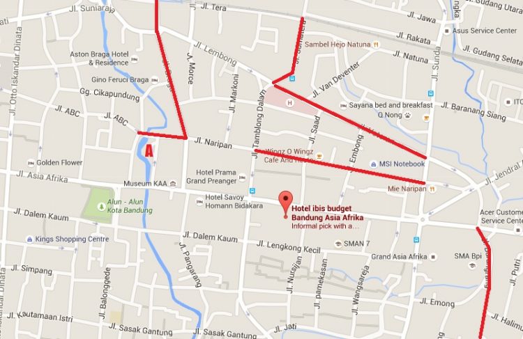 Screenshot lokasi Hotel Ibis Budget dan lingkungan sekitarnya, by vie. Keterangan: (A) Cikapundung River Spot, ——— spot kuliner Bandung