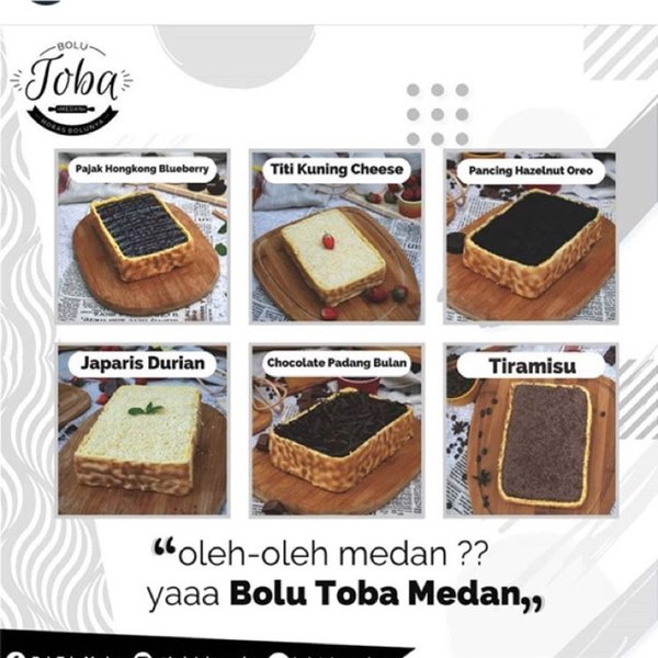 Bolu Toba, 1. Bika Ambon, 2. Bolu Meranti Medan, 3. Pancake Durian Medan, 4. Durian Ucok, 5. Kain Ulos, 6. Sirup Buah Markisa Khas Medan, 7. Teri Medan, 8. Kopi Sidikalang Medan, 9. Kacang Sihobuk, 10. Manisan Jambu, 11. Medan Napoleon, 12. Risol Spesial Gogo, 13. Pia Tamiang, 14. Tempe Medan, 15. Ikan Sale Medan, 16. Lemang, 17. Roti Ganda Medan, 18. Kaos Medan, 19. Batik Medan, 20. Sate Kerang Rahmat Toha, 21. Dolung-dolung Parapat, 22. Bolu Toba, 23. Rujak Brayan Khas Medan, 24. Popia Yoserizal Khas Medan, 25. Lapis Legit Medan