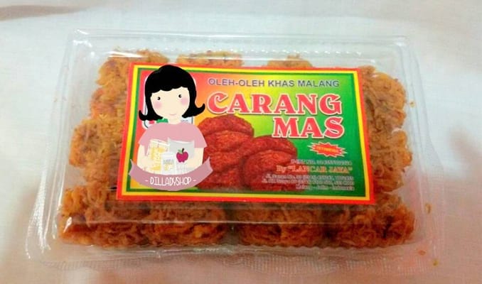 Carang Mas, 1. Apel Malang, 2. Sari apel, 3. Aneka Keripik Buah, 4. Keripik Tempe, 5. Keripik Ceker, 6. Keripik Kentang Macan, 7. Aneka Olahan Telo di Republik Telo, 8. Pia Mangkok, 9. Malang Strudel, 10. Ledre Pisang Bangka, 11. Madu Klanceng, 12. Kaos dan Souvenir Khas Malang, 13. Keramik Dinoyo, 14. Frozen Bakso, 15. Bakpao Sayang, 16. ASIX Cake, 17. Makobu Cake (Tutup Permanen), 18. Queen Apple (Tutup Permanen), 19. Puthu Lanang Celaket, 20. Jenang Apel, 21. Onde-Onde Depot HTS, 22. Carang Mas, 23. Cokelat Tempe, 24. Keripik Singkong Cap Lumba-Lumba, 25. Batik Topeng Malangan, 26. Petis Udang, 27. Onde-Onde Wijen, 28. Putu Lanang, 29. Makaroni Pedas, 30. Kopi Robusta Dampit Malang