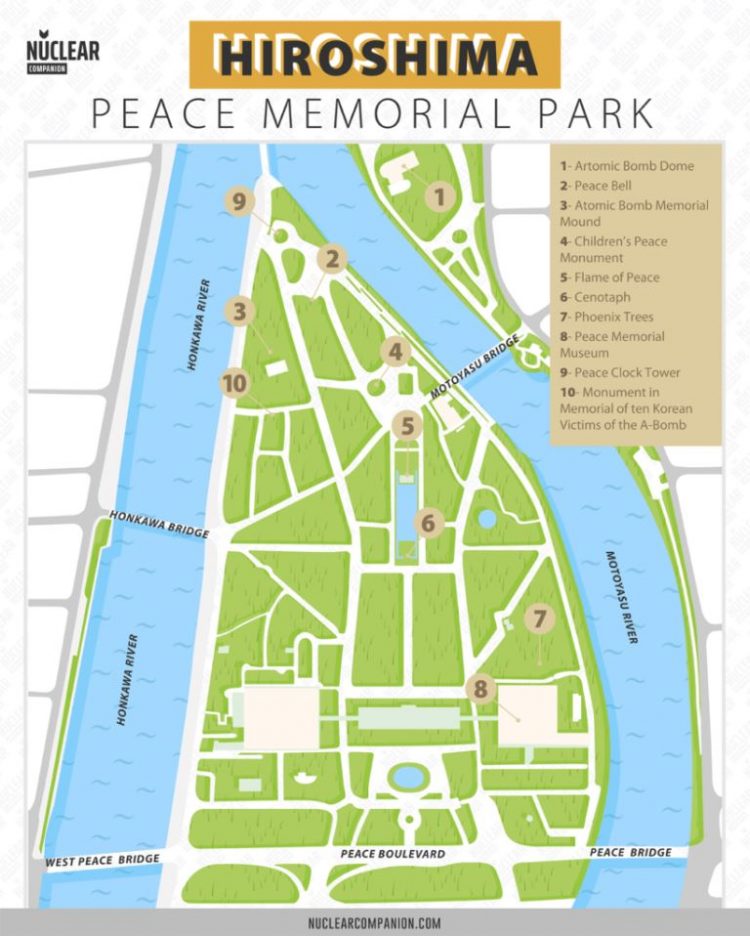 Peta Hiroshima Peace Memorial Park via Nuclearcompanion, Tentang Hiroshima Peace Memorial Park, Apa yang bisa ditemukan di Hiroshima Peace Memorial Park?, Fasilitas di Hiroshima Peace Memorial Park, Akses Menuju Hiroshima Peace Memorial Park