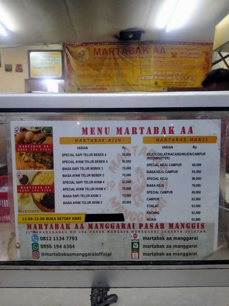 Martabak AA via Pergikuliner, 1. Martabak Putra Lebaksiu depan pasar PSPT, 2. Martabak Factory, 3. Martabak Boss, 4. Martabak Bangka Rudy, 5. Martabak Orins, 6. Martabak Lab, 7. Martabak Eat Happens, 8. Martabak San Fransisco, 9. Martabak Borneo, 10. Martabak Miami, 11. Martabak Alam Jaya (Tutup), 12. Martabak AA, 14. Martabak Kubang Hayuda