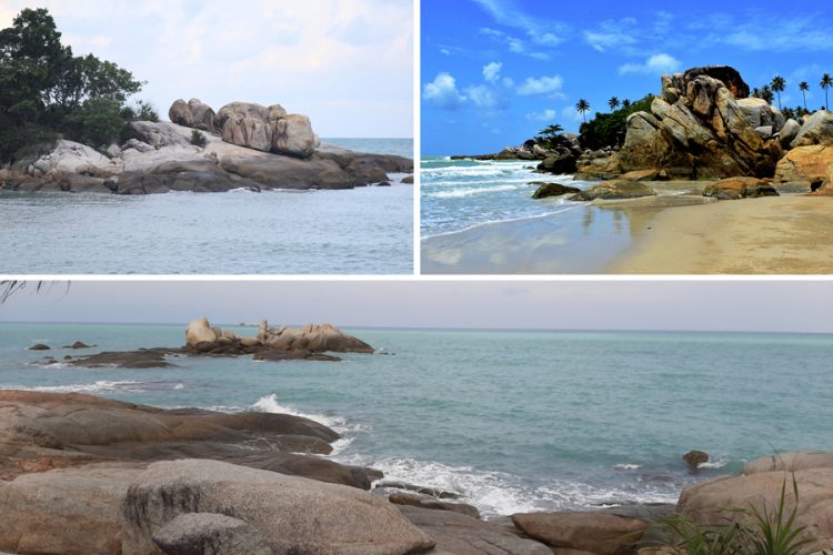 Pantai Parai Tenggiri, 1. Pantai Pangana, 2. Pantai Tanjung Pesona, 3. Pantai Batu Tambun, 4. Pantai Rambak, 5. Pantai Parai Tenggiri, 6. Pantai Tapak Hantu, 7. Pantai Romodong, 8. Pantai Batu Bedaun, 9. Pantai Tikus Emas, 10. Pantai Rebo, 11. Pantai Penganak, 12. Pantai Tanjung Kelayang, 13. Pantai Tanjung Tinggi, 14. Pantai Batu Kodok, 15. Pantai Tongaci, 16. Pantai Pasir Padi, 17. Pantai Penyusuk, 18. Pantai Matras