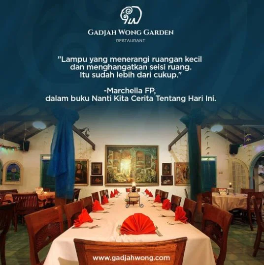 Gadjah Wong Resto, 1. The House of Raminten, 2. Hikaru Dining Yogyakarta, 3. Roaster and Bear Restaurant, 4. The Westlake Resto, 5. Gadjah Wong Resto, 6. Omah Dhuwur Kotagede, 7. Beukenhof Restaurant, 8. Abhayagiri Restoran, 9. Pasta Banget Signature, 10. Chadis Rooftop and Pool Bar, 11. Canting Restaurant Galeria Mall (Tutup), 12. Six Senses Restaurant, 13. ViaVia Restaurant Jogja, 14. Bale Raos – The Sultan’s Dishes, 15. Nanamia Pizzeria Café, 16. Mediterranea Restaurant by Kamil, 17. Gubug Makan Mang Engking Soragan Castle, 18. R&amp;B Grill Yogyakarta, 19. Bilik Kayu Heritage Resto (Tutup), 20. Kelapa Resto, 21. Bukit Indah, 22. Skybar Ibis Hotel Fine Dining Jogja, 23. Secret Garden, 24. Thyme Beef Bar &amp; Eatery, 25. Rosella Kitchen Dining, 26. Sekar Kedhaton Restaurant, 27. BALCONY Kitchen &amp; Pastry, 28. Yogyakarta Kitchen by Marriott