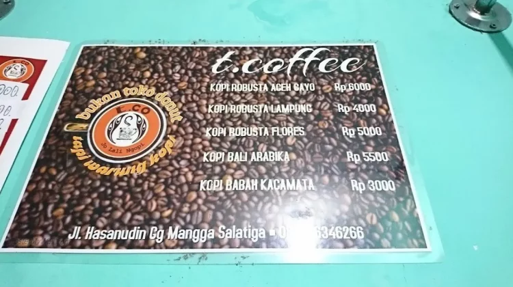 T.CO Kopi, 1. Kafeole, 2. Langit Senja Cafe, 3. SOKLATOK, 4. Bumi Kayom, 5. Monte Gelato & Coffee, 6. 1915 Arts-Koffie-Huis, 7. Kalimera Coffee Bar, 8. Sendja Koffie Salatiga, 9. Logos Cafe, 10. Jenderal Coffee (Hotel Le Beringin), 11. Waroeng Kopi Prijaji, 12. Telon Coffee, 13. Kopi Si Klasik, 14. Frame Coffee House, 15. De Tower Beer House (Non Halal), 16. Monalisa Cafe & Karaoke, 17. Nyoklat Klasik Salatiga, 18. Street Side Coffee, 19. Susu Segar 39, 20. Stasiun Susu Salatiga, 21. My Cafe & Marvel Collection, 22. OASIS CAFE, 23. Kedai Siram, 24. Zigger Mini Cafe, 25. Kopi Vale, 26. Tepikota Coffee, 27. Favor Cafe, 28. Relakso Coffee and Resto, 29. Three Stones Coffee Bar, 30. Gubuk Caffe, 31. Doms Beco, 32. Cafe Sako , 33. Caffeinc Coffee Shop, 34. Waynet & Cafe Salatiga, 35. Kafe Yume, 36. T.CO Kopi, 37. Darus Coffee, 38. Sepertiga Salatiga Cafe, 39. Tropis