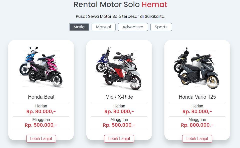 Armada Rent, 1. Ok Rent Car &amp; Scooter, 2. D.A Trans, 3. Rental Motor Solo (Tutup Sementara), 4. Stasiun Motorent, 5. Wisata Solo Rental Motor, 6. Rental Motor Jipta, 7. GLOBAL RENTAL MOTOR, 8. Bedjo Motorent, 9. Eli Rent (Tutup), 10. Happy Group, 11. Vieco Tour, 12. WisataSolo.id – Sewa Motor di Solo, 13. Armada Rent, 14. Arya Trans Surakarta