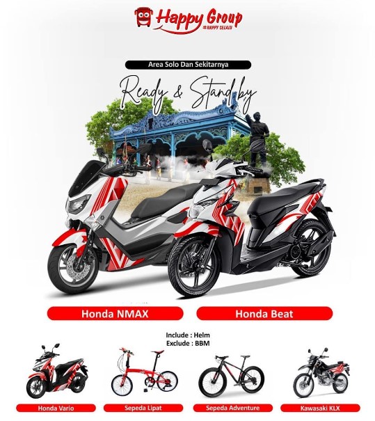 Happy Group, 1. Ok Rent Car &amp; Scooter, 2. D.A Trans, 3. Rental Motor Solo (Tutup Sementara), 4. Stasiun Motorent, 5. Wisata Solo Rental Motor, 6. Rental Motor Jipta, 7. GLOBAL RENTAL MOTOR, 8. Bedjo Motorent, 9. Eli Rent (Tutup), 10. Happy Group, 11. Vieco Tour, 12. WisataSolo.id – Sewa Motor di Solo, 13. Armada Rent, 14. Arya Trans Surakarta