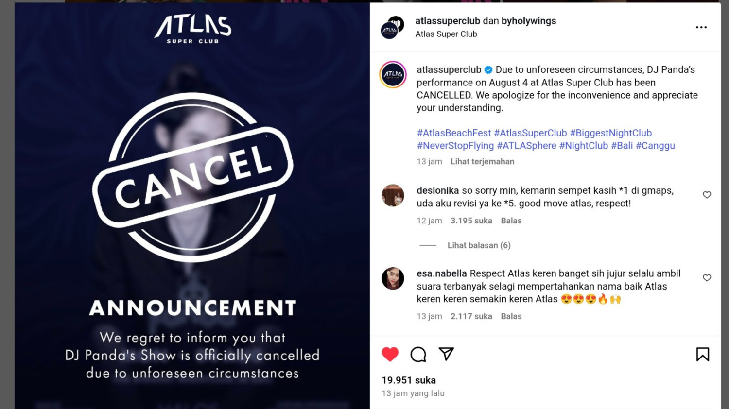 1 Alexa Suites and Lounge, 2 Tembak Langit, 3 Radar Bandar Lampung, 4 Cabin Bogor, 5 Atlas Super Club dan Holywings, 6 Odette Malang, 7 The Venus Palembang, 8 Hexagon Banjarmasin, 9 Caviar Indonesia