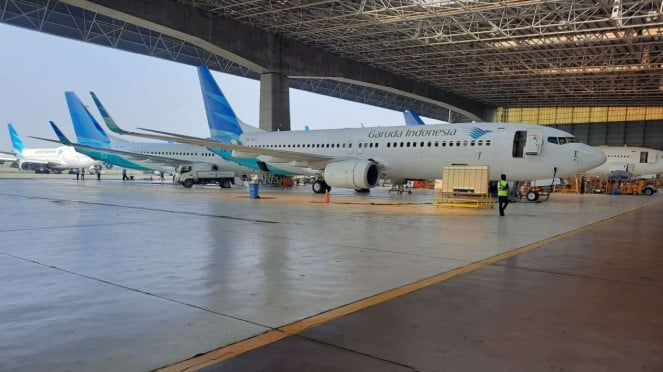 Pesawat Garuda Indonesia di Bengkel GMF AeroAsia.