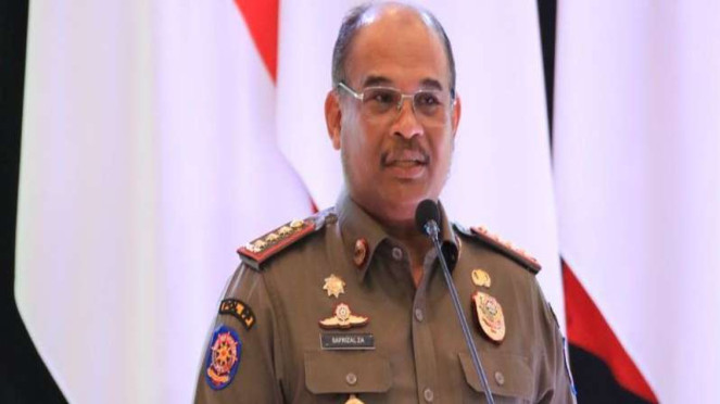 Dirjen Bina Bina Adwil Kemendagri Safrizal ZA saat menghadiri HUT Satpol PP ke-73.