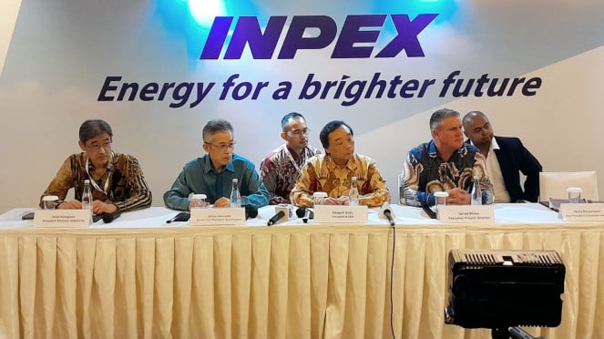 Jajaran petinggi Inpex Masela Ltd., dalam konferensi pers di kawasan Senayan, Jakarta Pusat, Rabu, 9 April 2025