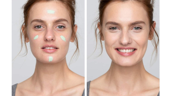 Green Concealer, 1. Jangan Pakai Skin Prep Terlalu Banyak, 2. Pakai Correcting Primer, 3. Kombinasikan Pore Minimizer di Area T-Zone, 4. Gunakan Foundation Skin Silk, 5. Lapisi dengan Foundation Soft Matte, 6. Kunci dengan Loose Powder, 7. Tambahkan Compact Powder, 8. Lanjutkan Makeup Seperti Biasa