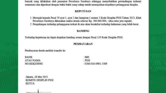 Surat Sanksi Denda untuk Persebaya (Sumber: Instagram Persebaya)
