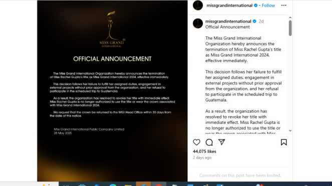 Organisasi Miss Grant International keluarkan pernyataan