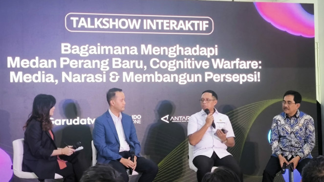 Kepala Kantor Komunikasi Kepresidenan atau PCO, Hasan Nasbi dalam acara Talkshow Interaktif bertajuk Bagaimana Menghadapi Medan Perang Baru, Cognitive Warfare: Media, Narasi dan Membangun Persepsi, Senin, 16 Juni 2025