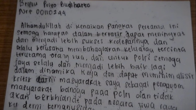 Surat Briptu Priyo Budiharto, anggota Brimob yang tewas tertimpa pohon