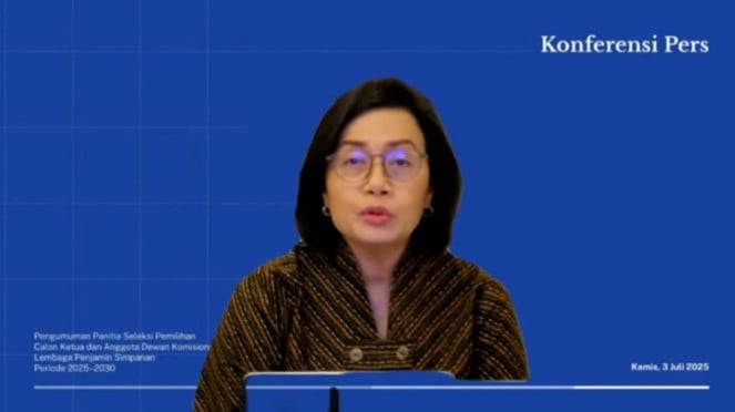 Menteri Keuangan, Sri Mulyani Indrawati, dalam telekonferensi pers Pengumuman Panitia Seleksi Pemilihan Calon Ketua dan Anggota Dewan Komisioner Lembaga Penjamin Simpanan (LPS) Periode 2025-2030, Kamis, 3 Juli 2025
