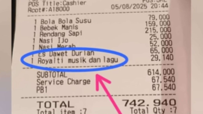 Struk Restoran Viral Tulis Royalti Lagu Rp29 Ribu