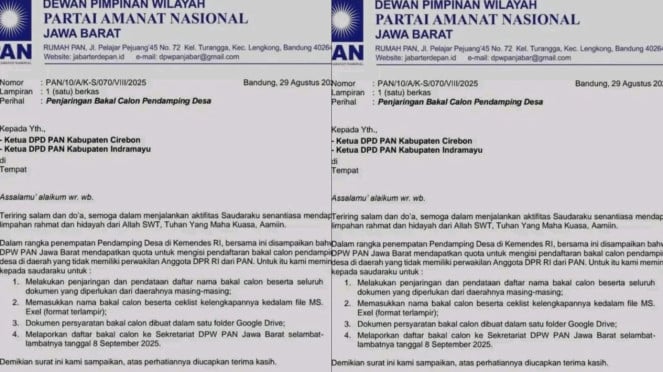 Surat penjaringan calon pendamping desa dari DPW PAN Jawa Barat