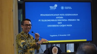 Direktur IT Digital Telkom Faizal Rochmad Djoemadi saat memberikan sambutan penandatanganan MoU