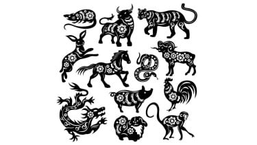 Ilustrasi shio, 1. Shio Ular, 2. Shio Kerbau, 3. Shio Monyet, 4. Shio Ayam, 5. Shio Babi, 6. Shio Kuda