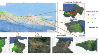 Peta penurunan muka tanah di beberapa wilayah Pulau Jawa