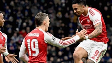 Pemain Arsenal Gabriel Jesus rayakan gol