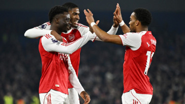 Bukayo Saka usai cetak gol kemenangan bagi Arsenal saat hadapi Brighton