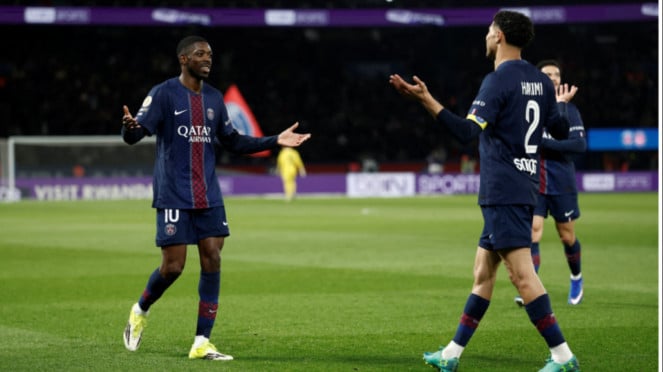 Pemain PSG Ousmane Dembele dan Achraf Hakimi, 1. PSG 1-1 Arsenal (13 September 2016), 2. Arsenal 2-2 PSG (23 November 2016), 3. Arsenal 2-0 PSG (1 Oktober 2024), 4. Arsenal 0-1 PSG (29 April 2025), 5. PSG 2-1 Arsenal (7 Mei 2025)