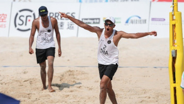 Pasangan tim bola voli pantai putra Indonesia, Bintang Akbar/Sofyan di Asian Beach Games Sanya 2026.