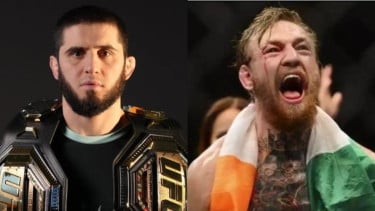 Islam Makhachev (kiri) dan Conor McGregor (kanan).