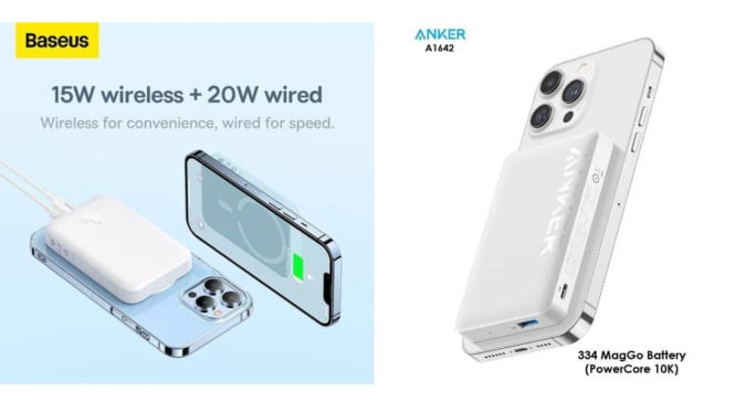 Rekomendasi 5 Powerbank Wireless, 1. Anker PowerCore Magnetic 10K (Gen 2), 2. Baseus Magnetic Wireless Power Bank 2nd Gen (10000mAh), 3. UGREEN Nexode Wireless Power Bank 10000mAh (2024 Edition), 4. Momax AirBox Go Wireless Power Bank 10000mAh, 5. Samsung Wireless Battery Pack 2 (2025)