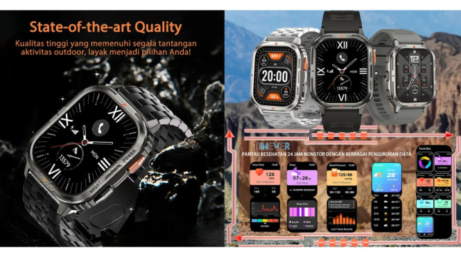 Smartwatch Timever Tank X1, Desain tangguh berstandar militer, Layar TFT jernih dengan bezel tipis, Tombol fisik dan dukungan 100 mode olahraga, Strap quick-release premium, Panggilan langsung via Bluetooth, Baterai super awet, Ukuran pas di pergelangan tangan, Kompatibel dengan aplikasi Da Fit, Antarmuka responsif dan bebas lag, Fitur Muslim lengkap, AI Chatting via Da GPT, Fitur kesehatan cukup lengkap, Garansi resmi 12 bulan