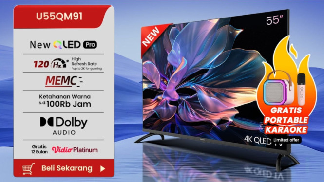 Changhong U55QM91, 1. Layar QLED Pro dengan Kualitas Sinematik, 2. Desain Modern dan Premium, 3. Audio yang Imersif dengan Dolby, 4. Performa Lancar Berkat Google TV, 5. Konektivitas Lengkap untuk Semua Kebutuhan, 6. Dukungan Gaming dengan Refresh Rate 120Hz