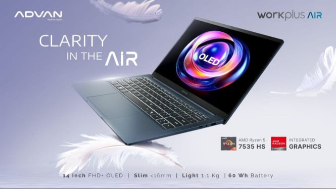 ADVAN Workplus Air, Desain Ultra-Tipis dan Ringan, Cuma 1,1 Kg, Layar OLED FHD+ 14 Inci, Warna Hidup dan Tajam, Ditenagai AMD Ryzen 5 7535HS, Siap Hadapi Tugas Berat, Baterai 60Wh, Fast Charging 65W, Konektivitas Modern dan Lengkap, Harga dan Ketersediaan, Spesifikasi Singkat ADVAN Workplus Air