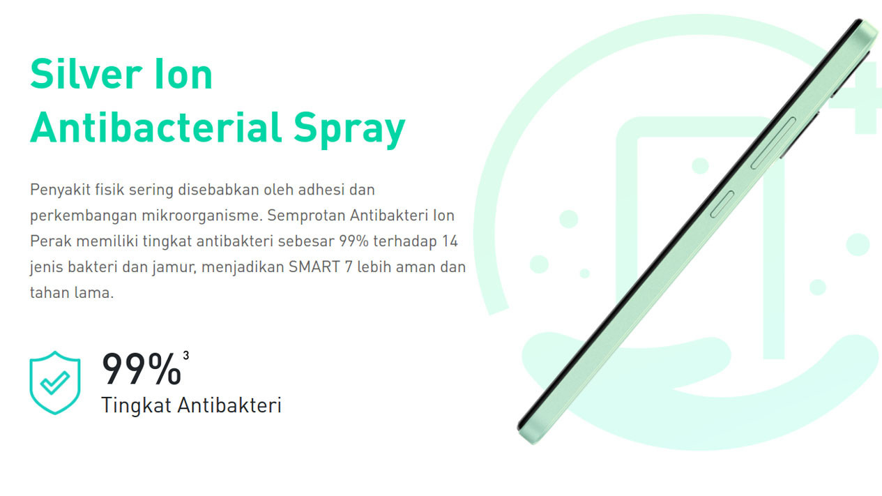 1. Desain Unik dengan Perlindungan Anti-Bakteri, 2. Kamera Depan dengan Flash untuk Swafoto Sempurna, 3. Memori Lega dan Extended RAM untuk Performa yang Lancar, 4. Triple Slot untuk Fleksibilitas Maksimal, 5. Keamanan Terjamin dengan Pemindai Sidik Jari, 6. Konektivitas Wi-Fi 5 untuk Internet yang Cepat