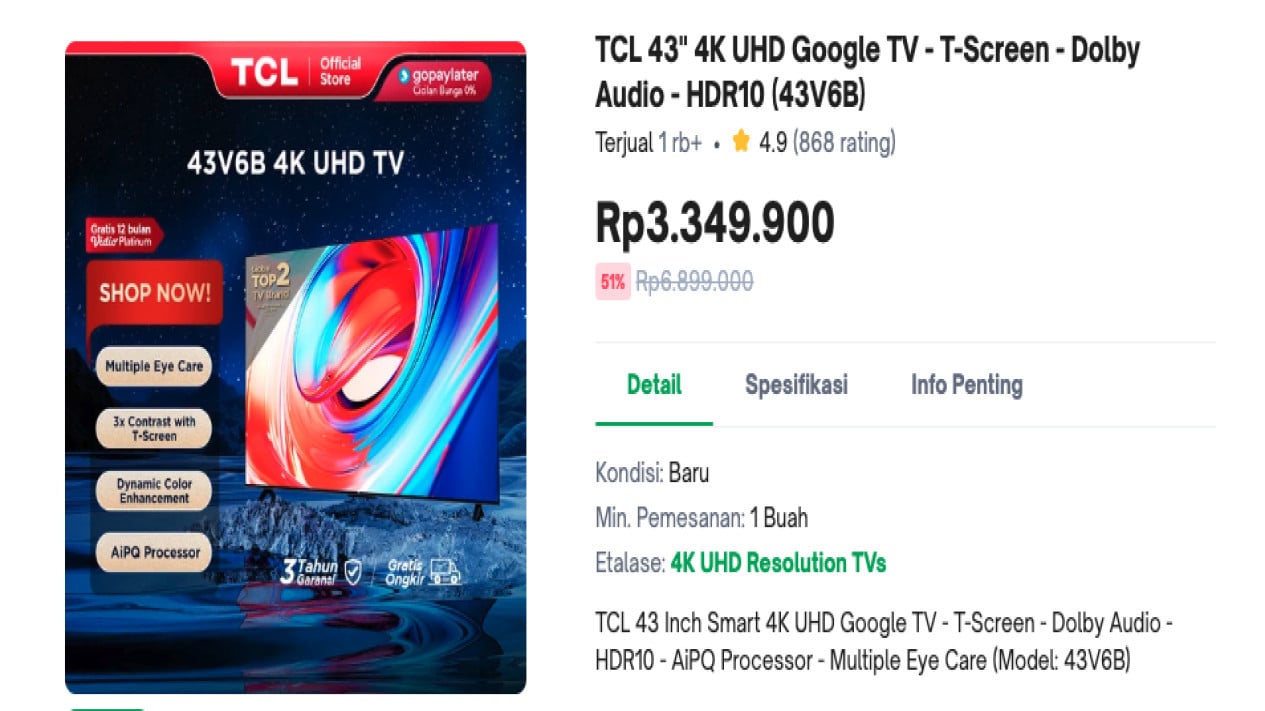 TCL 43V6B: Smart TV 4K UHD dengan Dolby Audio dan HDR10, Harga Rp3 Jutaan, Keunggulan TCL 43V6B, Fitur Unggulan TCL 43V6B, Kelebihan TCL 43V6B Dibandingkan Kompetitor, Spesifikasi TCL 43V6B, Isi Paket Pembelian