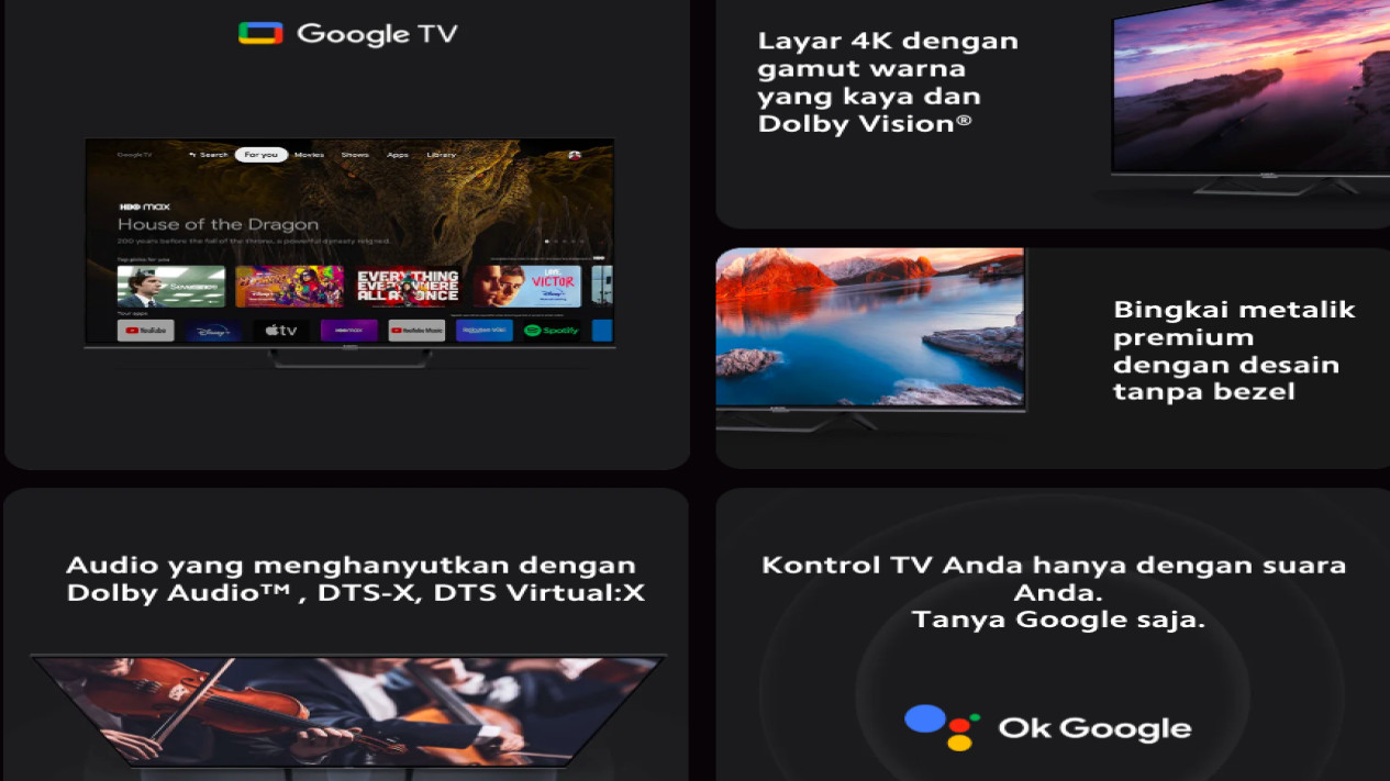 tv#xiaomi, Kualitas Layar 4K UHD dengan Warna Tajam, Audio Jernih dengan Dolby dan DTS, Sistem Operasi Google TV dengan Akses Ribuan Aplikasi, Dukungan Rumah Pintar dan Asisten Virtual, Desain Elegan dengan Layar Tanpa Batas, Konektivitas Lengkap untuk Berbagai Kebutuhan, Konsumsi Daya dan Ketahanan