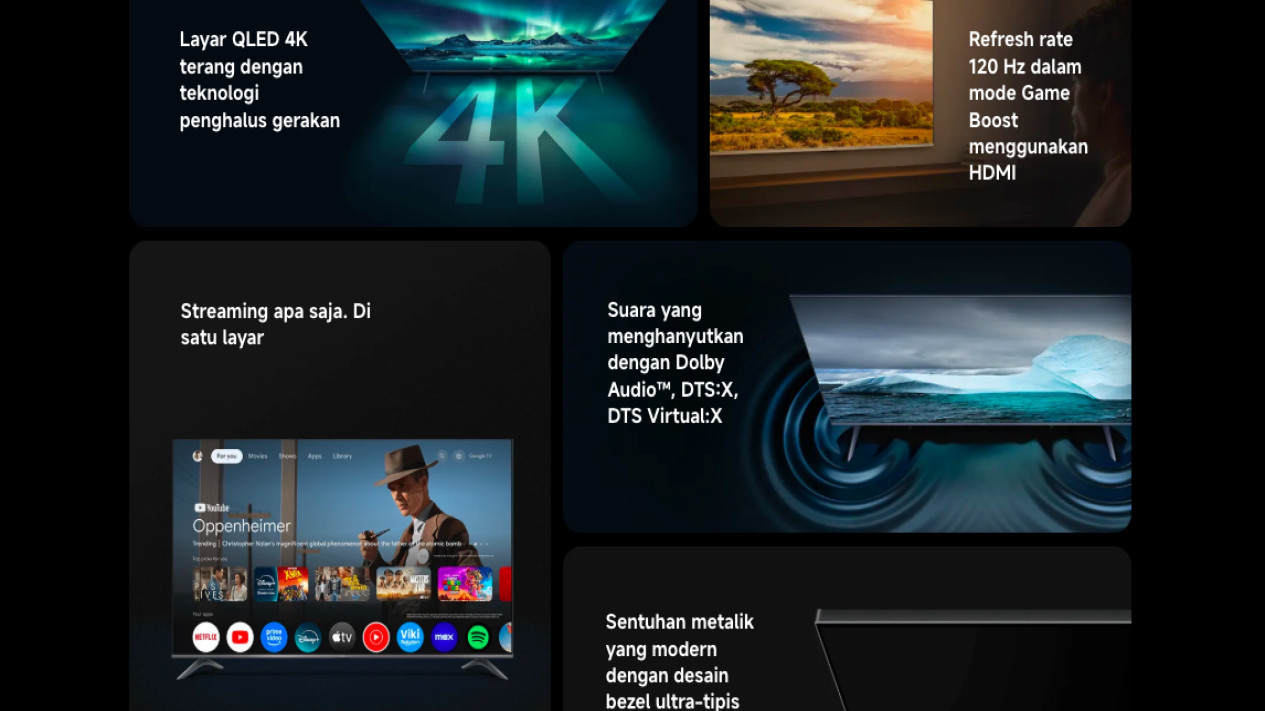 tv#xiaomi, Visual Lebih Jernih dan Realistis, Suara Menggelegar dengan Dolby dan DTS, Google TV untuk Akses Konten Tanpa Batas, Performa Lancar untuk Kebutuhan Harian, Kompatibel dengan Berbagai Ekosistem, Desain Minimalis Tanpa Bezel, Port dan Konektivitas Lengkap, Hemat Daya dan Tahan Lama