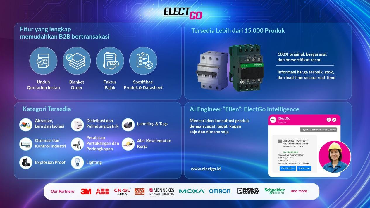 ElectGo.id menjadi solusi digital B2B berbasis AI melalui ElectGo Intelligence, AI Engineer “Ellen”, Asisten Digital Cerdas 24 Jam, 15.000 Produk Original, Bergaransi, dan Bersertifikat, Mendukung Percepatan Transformasi Industri 4.0, Komitmen pada Keamanan dan Standar Global, Promo Peluncuran dan Dukungan Kendaraan Listrik, ElectGo.id, Langkah Nyata Menuju Ekosistem Industri Cerdas