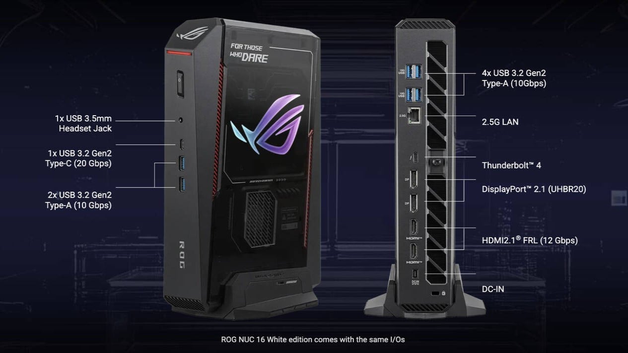 Tampilan detail lampu LED dan logo pada bodi Asus ROG NUC 16 (Photo: Asus), Mesin Kecil dengan Performa Kelas Berat, Bagian ventilasi udara pada sisi samping Asus ROG NUC 16 (Photo: Asus), Visual Memukau dengan Kartu Grafis Nvidia Terbaru, Desain Modern dan Ketersediaan Harga Global