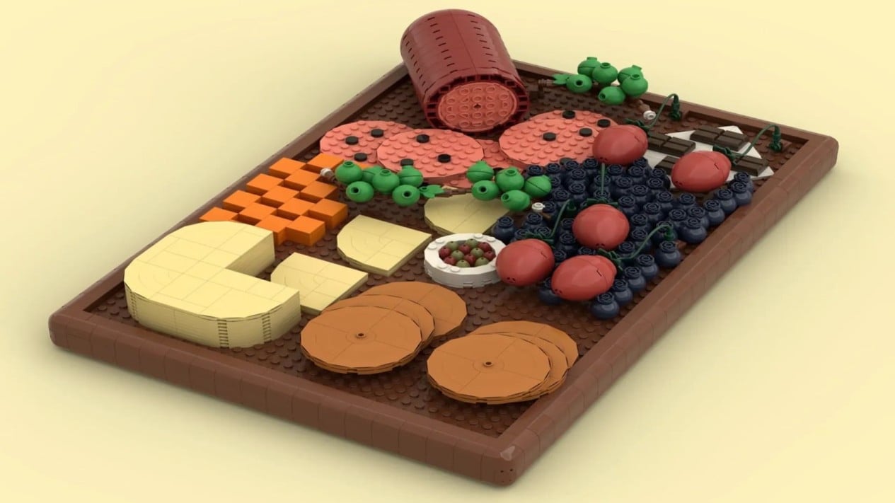 Detail susunan salami dan keju pada LEGO Charcuterie Board (Photo: Istimewa), Replika papan charcuterie lengkap dari LEGO karya BiologyBuilder (Photo: Istimewa), Detail Rinci Papan Charcuterie Dalam Bentuk LEGO, Detail susunan salami dan keju pada LEGO Charcuterie Board (Photo: Istimewa), Sentuhan Detail Kecil yang Menambah Realisme, Susunan keju dan kerupuk dari LEGO yang sangat rinci (Photo: Istimewa), Potensi Produk Ini Masuk Pasar Resmi LEGO