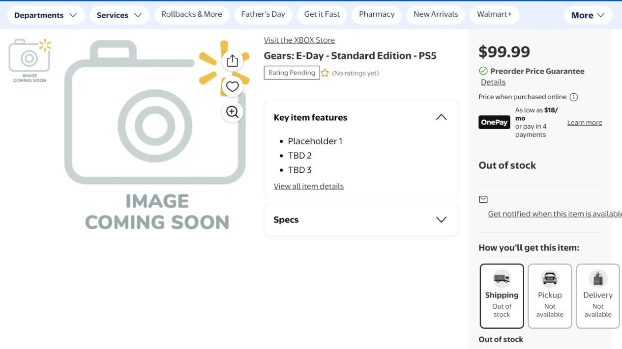 Tangkapan layar halaman pre-order Gears of War E-Day versi PS5 di situs Walmart.