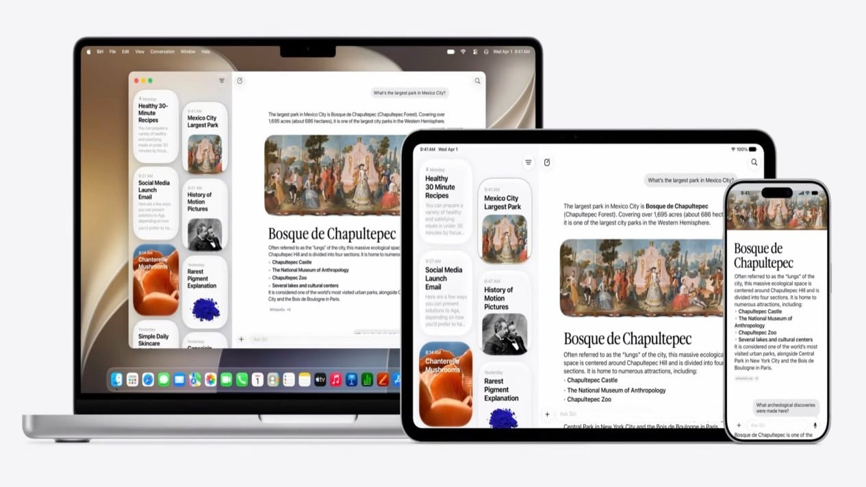 Aplikasi Siri memungkinkan pengguna melihat riwayat percakapan dengan chatbot., Desain Liquid Glass Hadirkan Tampilan Lebih Segar dan Personal, macOS 27 menghadirkan berbagai penyempurnaan desain kecil., Bukan Cuma Cantik, Performa pun Melonjak Signifikan, Aplikasi Siri memungkinkan pengguna melihat riwayat percakapan dengan chatbot., Siri AI: Chatbot Cerdas yang Pahami Isi Layar MacBook Anda, Safari dapat mengelompokkan tab menggunakan AI dan membuat ekstensi berdasarkan perintah., Kamera dan Safari Ikut Makin Pintar Berkat Apple Intelligence, Tangkapan layar fitur AI Playground di macOS 27., Edit Foto Jadi Lebih Kreatif dengan Generative AI, Antarmuka fitur AI Playground di macOS 27., Potensi Rilis macOS 27 Golden Gate untuk Pengguna di Indonesia, Ilustrasi fitur Ekspansi Foto berbasis AI di macOS 27., Ilustrasi fitur Spatial Reframing untuk mengubah perspektif foto di macOS 27., Logo Apple Intelligence di m‌acOS 27 Golden Gate.