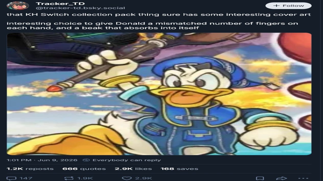 Ilustrasi karakter Donald Duck yang diduga sebagai bagian dari artwork AI Kingdom Hearts Collection, Anatomi Aneh yang Membongkar Kontroversi, Sora dan Distorsi di Sampul PS5, Bukan Karya AI Murni, Tapi Praktik Daur Ulang Aset, Mengapa Hal Ini Meresahkan Bagi Industri