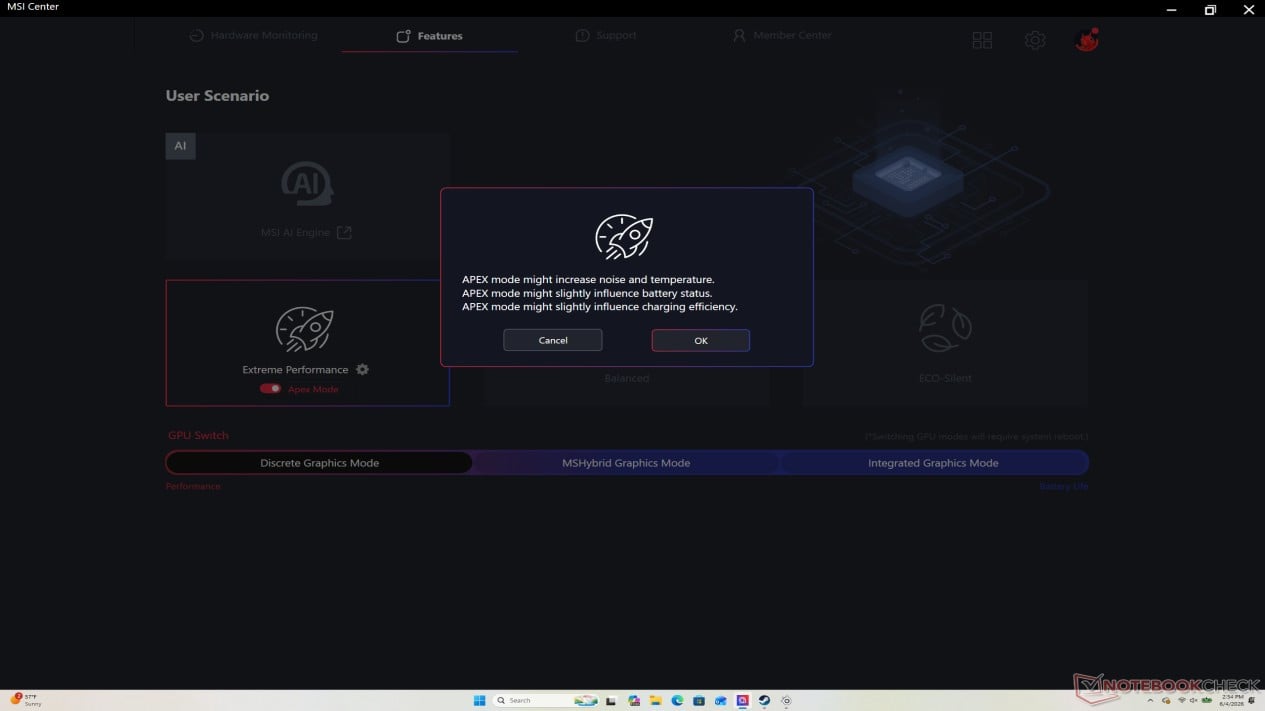 Peringatan suhu dan kipas saat mengaktifkan mode Apex, Mode Apex Tersembunyi di Balik Menu Extreme Performance, Jendela p‌ower profile MSI Center dengan opsi Apex baru, Peringatan Suhu dan Kipas yang Muncul Saat Aktivasi, Peringatan suhu dan kipas saat mengaktifkan mode Apex, Uji Coba Nyata: Cyberpunk 2077 di Extreme Performance vs Apex, Menjalankan Cyberpunk 2077 pada mode Extreme Performance, Untuk Siapa Sebenarnya Mode Apex Ini?, Menjalankan Cyberpunk 2077 pada mode Apex dengan suhu lebih tinggi, Ketersediaan Global dan Potensi Masuk Indonesia