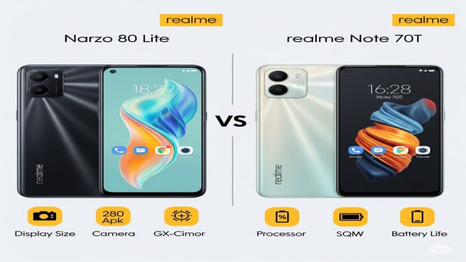 Realme Narzo 80 Lite vs Realme Note 70T, Desain: Kembar Identik, Layar: Sama-Sama Memadai, Performa: Narzo Unggul di RAM, Note 70T Menang Storage, Kamera: Seimbang di Atas Kertas, Sistem Operasi dan Keamanan: Android 15 Terbaru, Baterai: Narzo Lebih Jumbo, Audio dan Konektivitas: Fitur Dasar Cukup Lengkap, Mana yang Lebih Cocok?